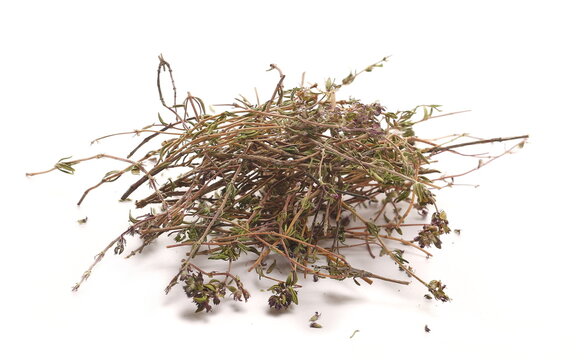  Dry thyme pile, leaves, twigs and stems isolated on white background