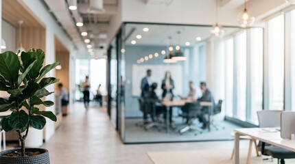 Blurred corporate office background with business team meeting in glass conference room © Abbas