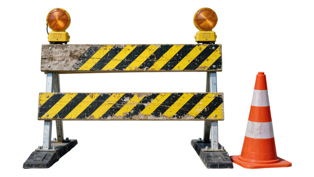 Weathered wooden construction barrier with flashing lights next to traffic cone, isolated on transparent background