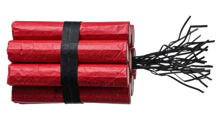 Bundle of red dynamite sticks with black fuse, isolated on transparent background © Corotaev