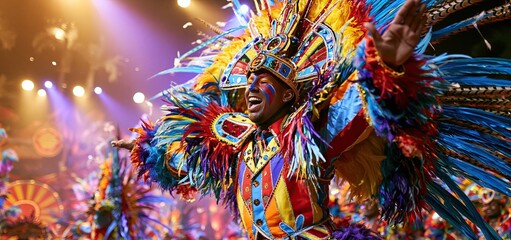 Fototapeta premium Joyful dancer in intricate feather costume captivates with dynamic lighting and colorful cultural festival setting.