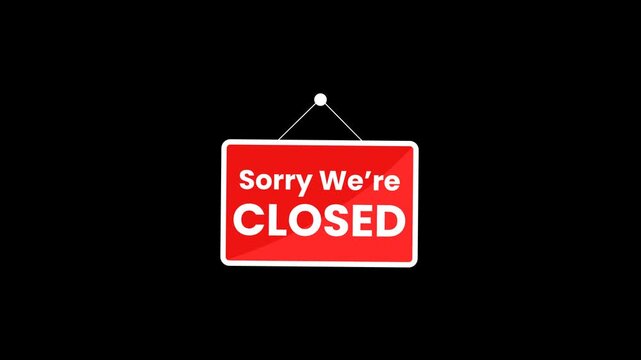 Hanging sorry we are closed sign swinging smoothly on transparent alpha channel background 4K