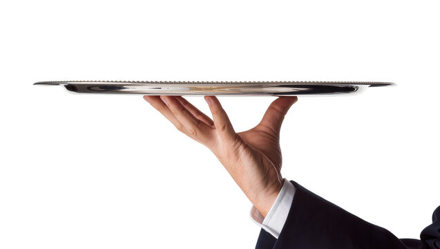 Man s hand in suit holding polished metal serving tray isolated on transparent background