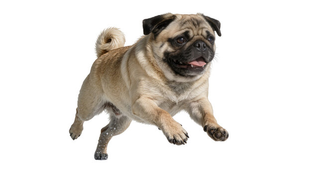 Fawn pug dog running with tongue out, isolated on transparent background