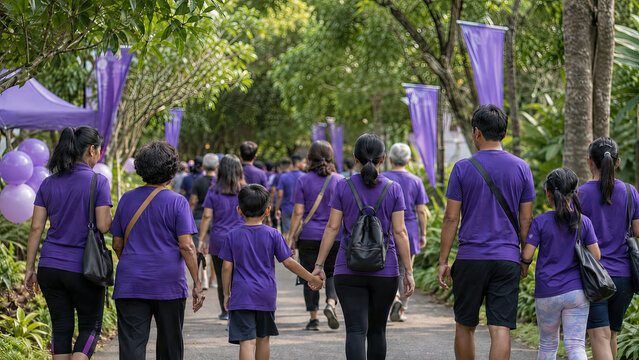 Group of Asian participants of various ages walking together outdoors wearing purple ribbons. Southeast Asian Alzheimer's awareness walk concept.