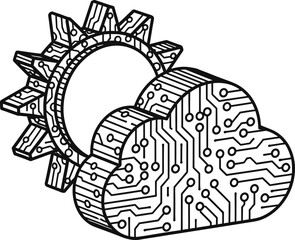 Naklejka premium Electronic Circuit Board Trace Sun and Rain Cloud Weather Icon With Monoline Geometric Paths and Nodes Outline