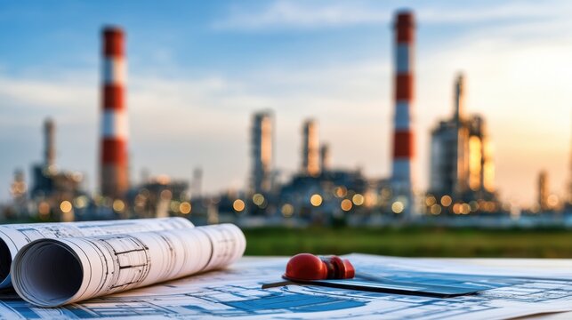 Industrial construction site with blueprints, tools, and smokestacks at sunset, showcasing the importance of planning in engineering and architecture projects