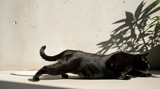 Glossy black cat stretches out paws, preparing to pounce in sunlight, against a textured wall