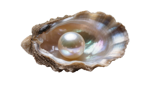 Single lustrous pearl nestled inside a rough oyster shell, isolated on transparent background