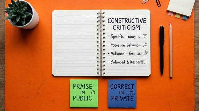 Constructive criticism notes in a notebook on orange desk