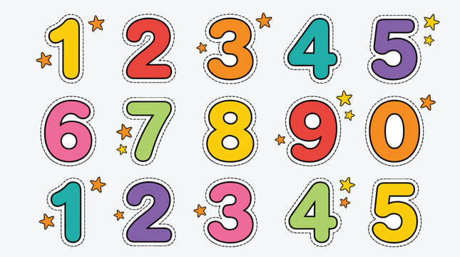 Set of cheerful colorful numbers zero to nine with star embellishments and dashed border