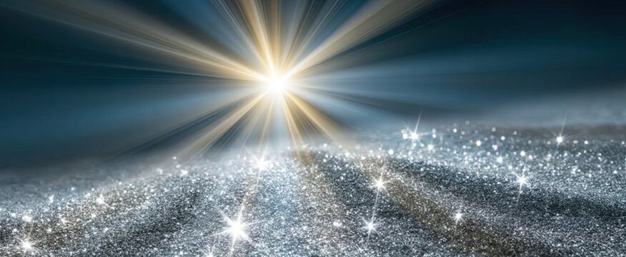 Soft gray background illuminated by a radiant silver glitter starburst with shimmering festive rays.
