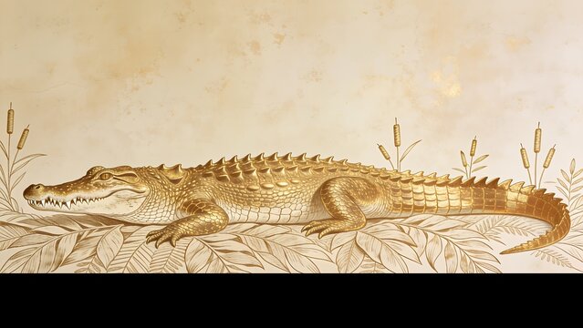Hand drawn gold bronze linework crocodile rests among stylized reeds on a warm beige textured wallpaper mural in vintage engraving style