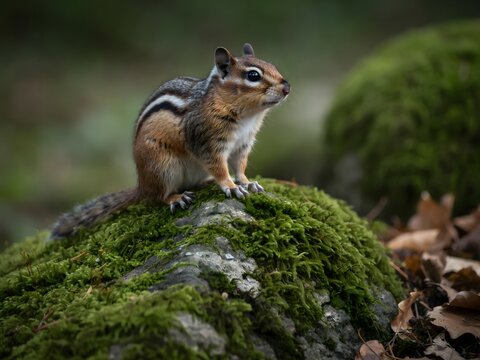 Wild chipmunk perched on mossy rock in lush green forest environment