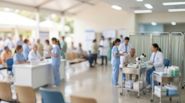 blurred busy medical clinic scene, doctors and nurses in scrubs, patient consultations, bright modern hospital interior.