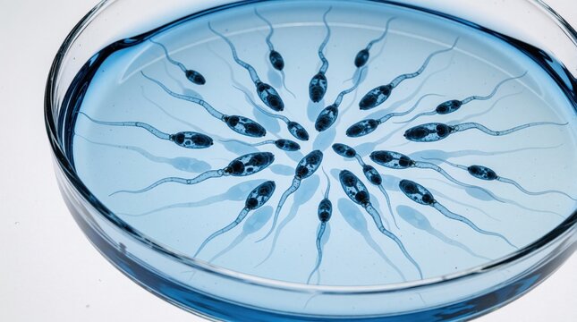 Microscopic view of sperm cells swimming in blue liquid inside petri dish. Male reproductive cells move in medical laboratory. Concept of human fertility, conception, IVF treatment research in