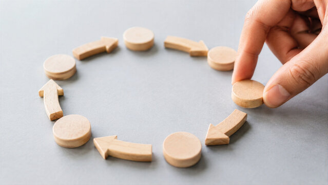 Hand arranging wooden markers and arrows in a circular workflow. Planning, scheduling, productivity, and continuous process management concept for work and study organization.