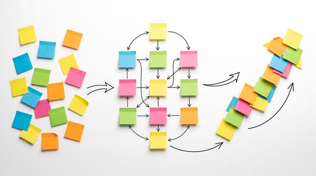 Colorful sticky notes organized into a flow chart diagram on a white board for business project planning