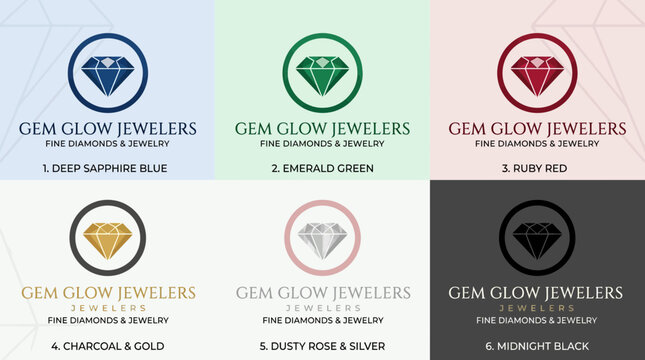 Gem Glow Jewelers logo variations with diamond icons.