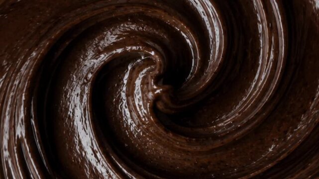 Glossy Chocolate Cream Swirl Texture with Rich Dark Brown Color, Smooth Thick Dessert Spread Background, Close-Up Macro Food Texture Rich Chocolate Paste and Creamy Cocoa Spread in a Spiral Pattern