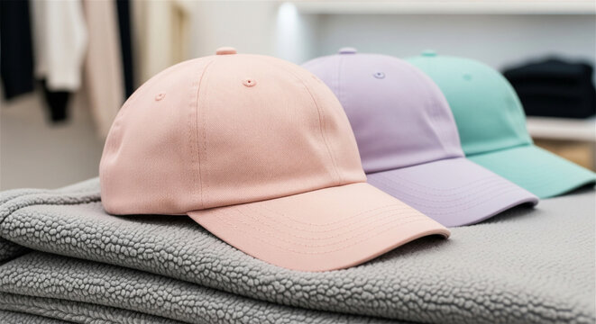 Pastel baseball caps on display, blank cotton dad hats in pink, purple and mint green, minimalist retail apparel mockup