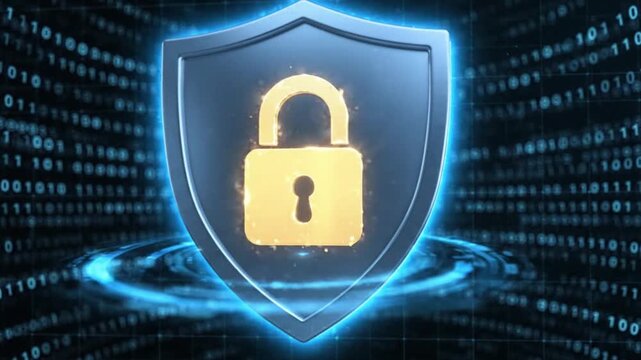3D Cyber Security Shield and Golden Padlock Animation Motion Loop with Glowing Blue Binary Code Background for Data Protection Concept