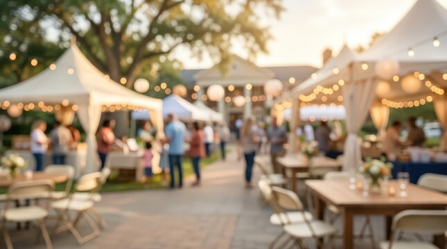 soft focus bokeh of upscale outdoor wedding reception with white marquee tents, string lights, and social gathering on estate lawn.
