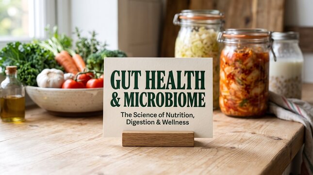 Gut health and microbiome sign in a kitchen with healthy food