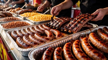 Fototapeta premium Cook serves grilled sausages and ribs at outdoor fest. Trays hold beans, mac cheese, and more food. People enjoy a sunny day at a lively summer event.