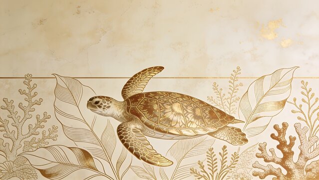 Hand drawn gold bronze linework sea turtle glides serenely among coral accents on a warm beige textured wallpaper mural background