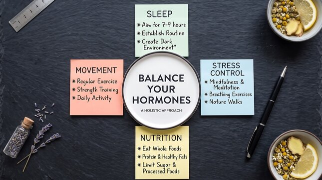 Healthy lifestyle tips for balancing hormones on dark surface