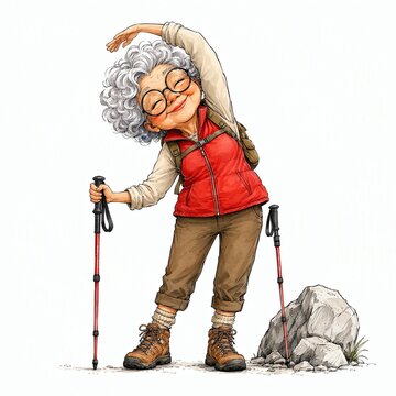 Cheerful Senior Woman Stretching with Hiking Poles