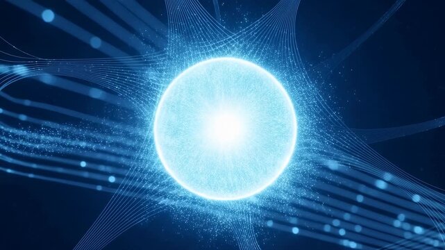 Luminous cyan orb with radiating particle halo and flowing layered light ribbons across deep blue field, with orb, sphere, core, glow detail, showing halo, particle, speckle, dot context