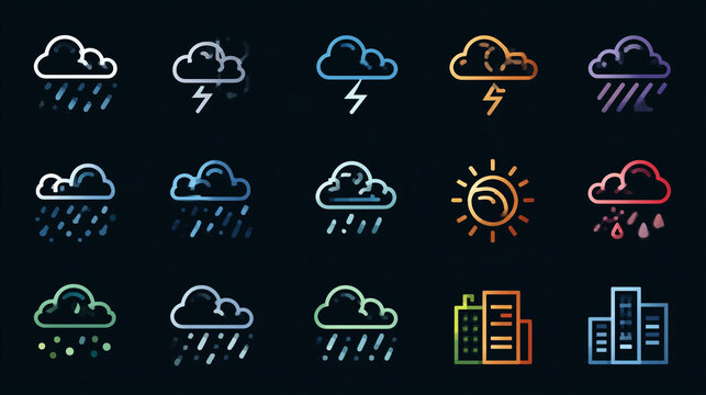 Neon icons on a dark background represent different weather elements and urban buildings.
