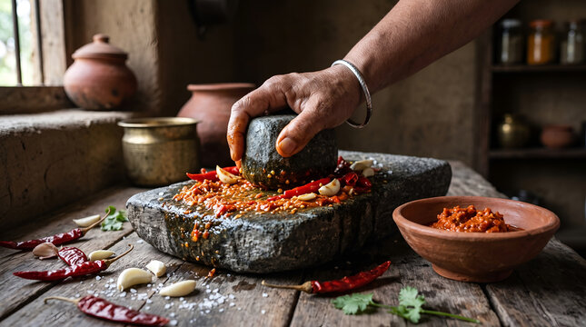 Traditional Village Style Red Chili and Garlic Chutney Preparation on Stone Grinder Rural
