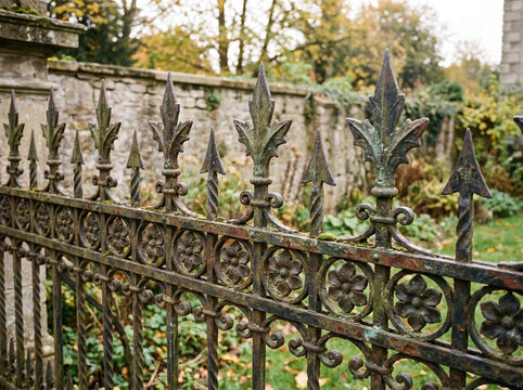 Old iron fence with decorative points surrounds a garden in autumn
