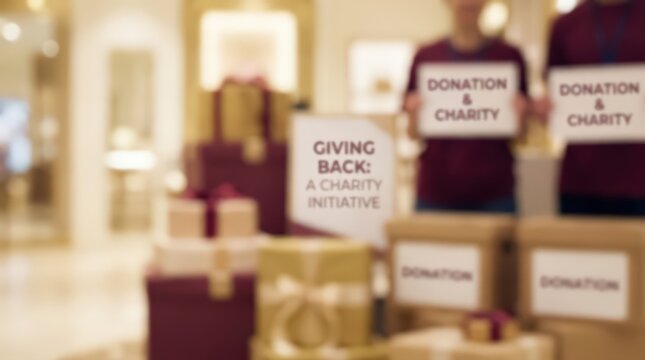 blurred interior shot of volunteers holding charity signs near stacked holiday gift boxes and donation initiative posters in a store.