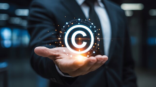 Copyright protection concept with business professional holding a glowing copyright symbol