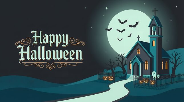 Happy Halloween Church Scene with Pumpkins and Bats Flat Illustration