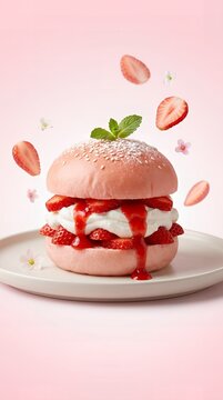 Strawberry Whipped Cream Dessert Burger on Plate