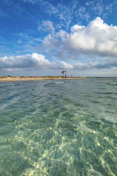 La Llana Beach in the Las Salinas de San Pedro del Pinatar Regional Park, in the Region of Murcia, Spain, with its emerald-coloured sea