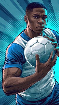 Black Soccer Player Holding Ball in Dynamic Comic Book Sports Illustration