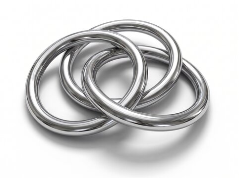 3D render of interlocking chrome metal rings isolated on white background
