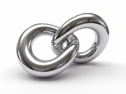 Abstract 3D chrome metal chain link sculpture on white background