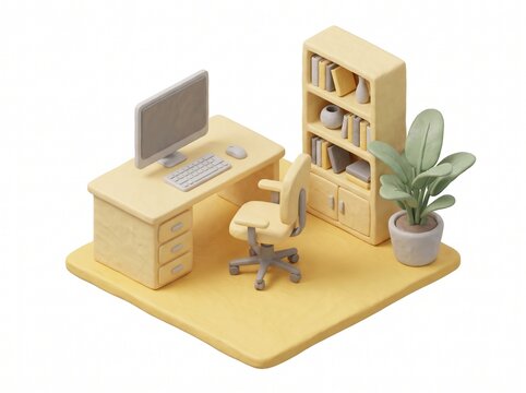 Isometric 3D illustration of cozy yellow home office workspace interior