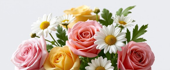 Fototapeta premium Mother's Day floral arrangement featuring soft pastel roses and daisies on a clean white background.