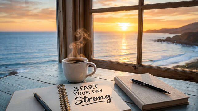 Start your day strong coastal sunrise coffee notebook motivation inspiration resilience mindfulness empowerment awareness creativity balance harmony transformation progress   generative ai