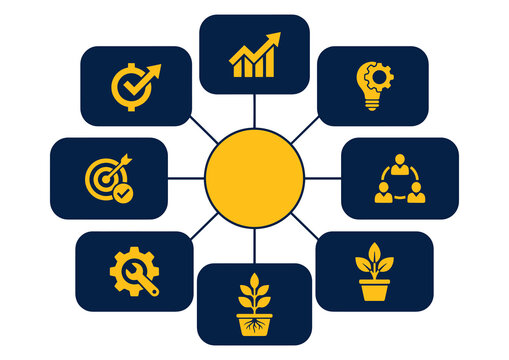 Business Strategy Infographic Diagram with Central Hub and Eight Surrounding Icons for Professional Corporate Process Planning