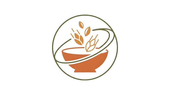 Minimalist vector logo template featuring organic wheat stalks flying into a ceramic bowl enclosed within a circular border