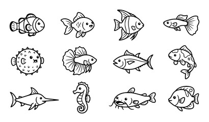 Obraz premium Collection of hand drawn fish illustrations in a simple black and white line art style